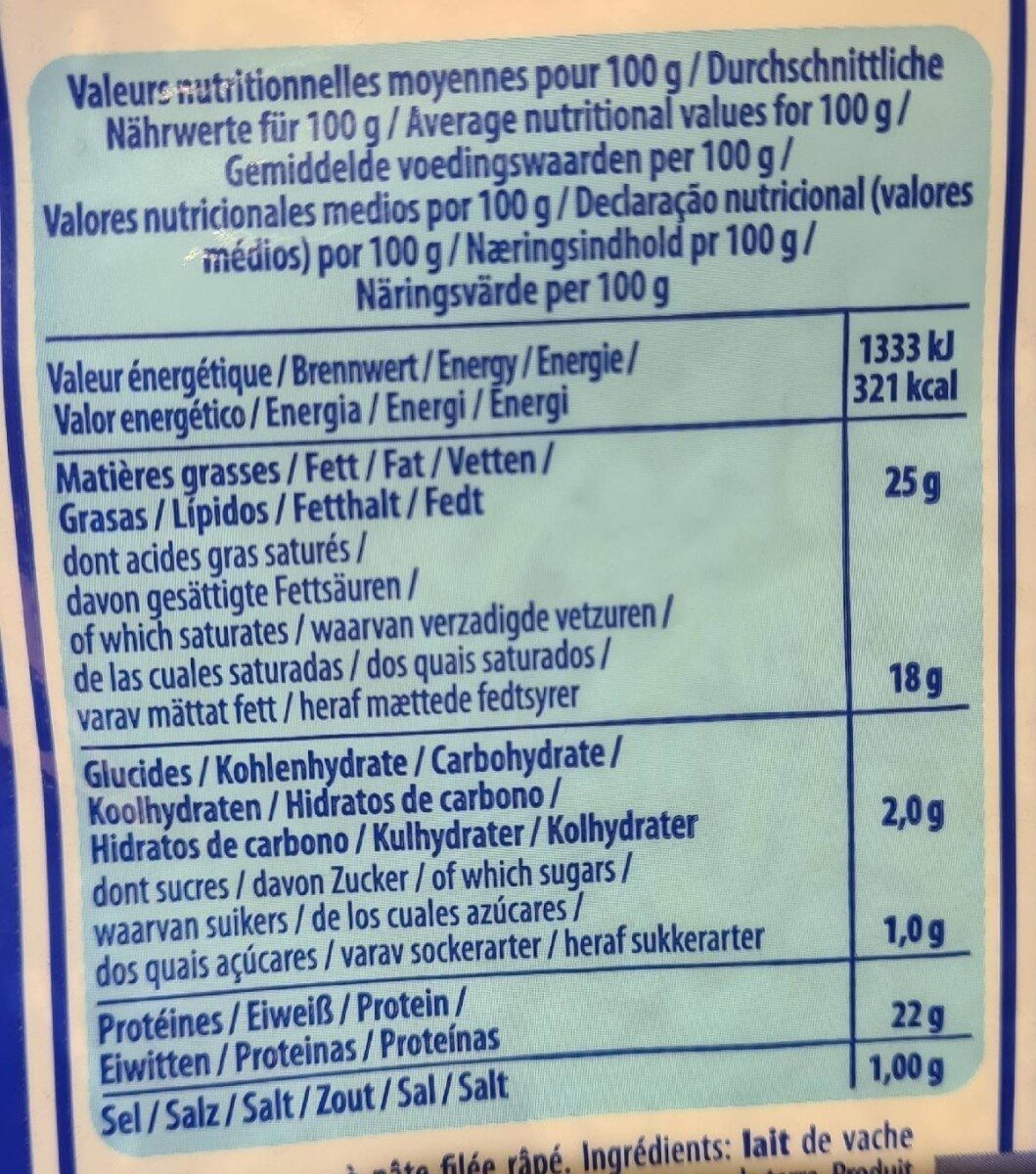 GALBANI MOZZARELLA CUCINA RAPEE 150g - Tableau nutritionnel