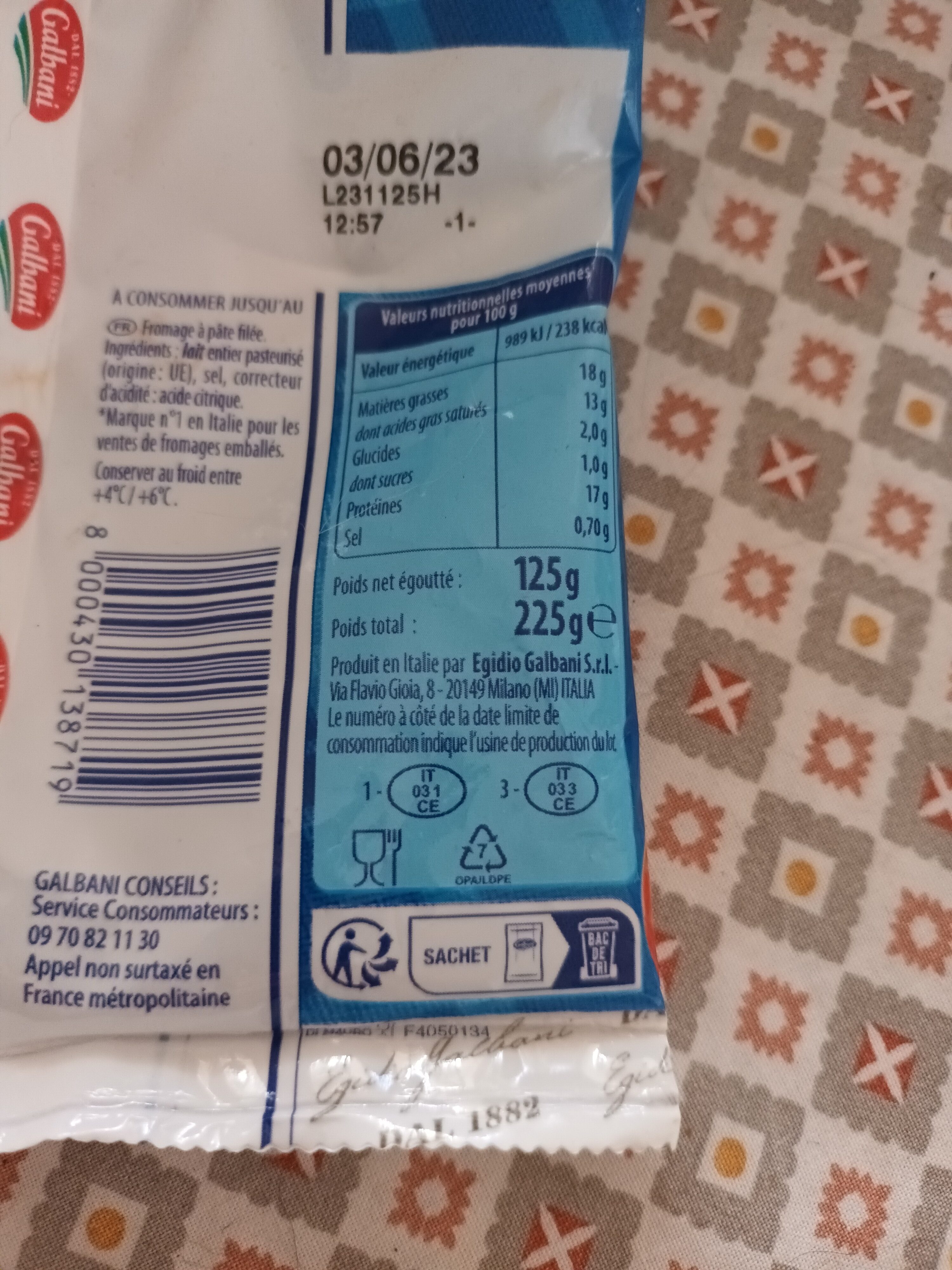 Mozzarella - Istruzioni per il riciclaggio e/o informazioni sull'imballaggio - fr
