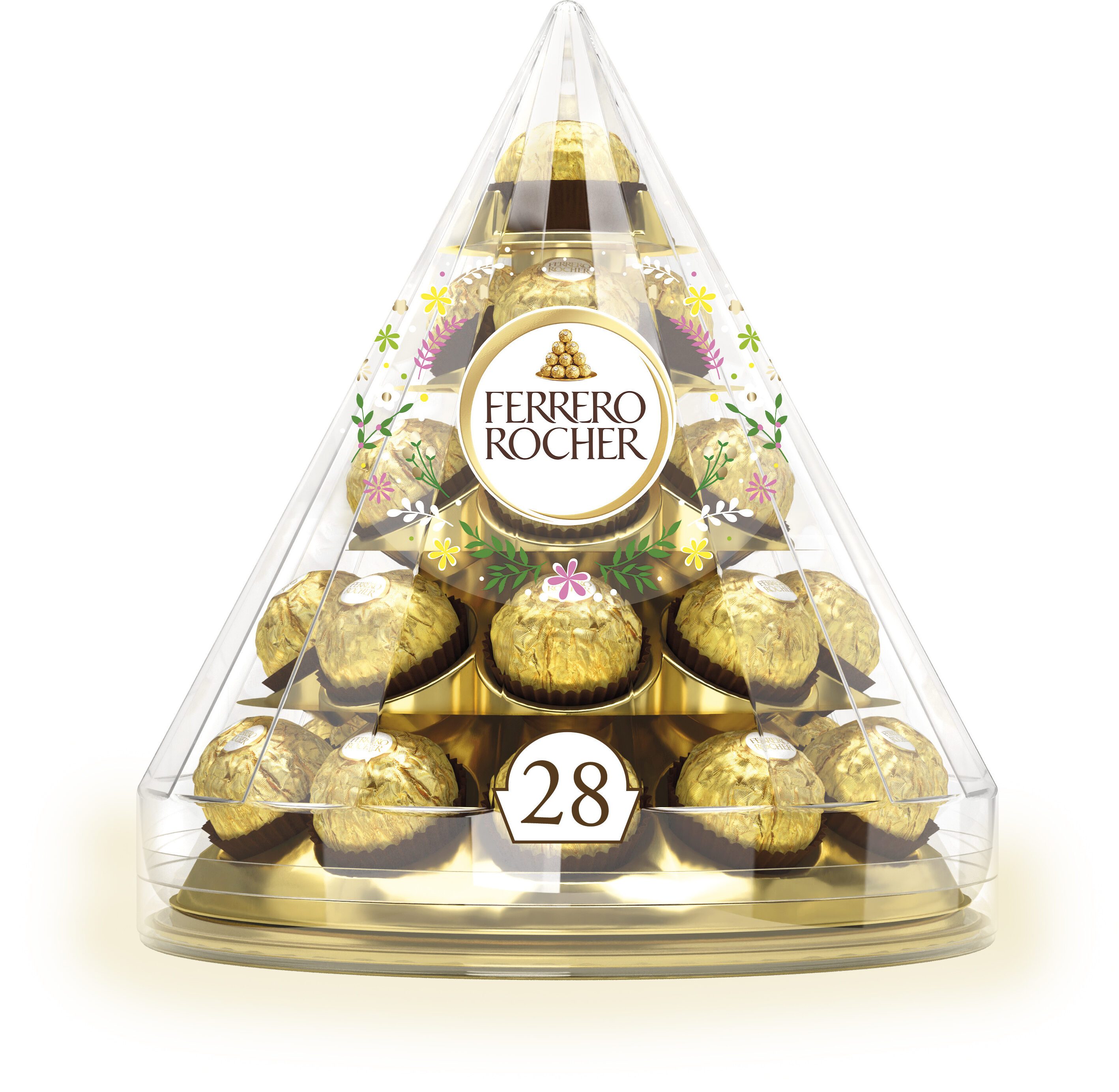 Ferrero rocher fines gaufrettes enrobees de chocolat au lait et noisettes avec noisette entiere pyramide de 28 pieces - Produit