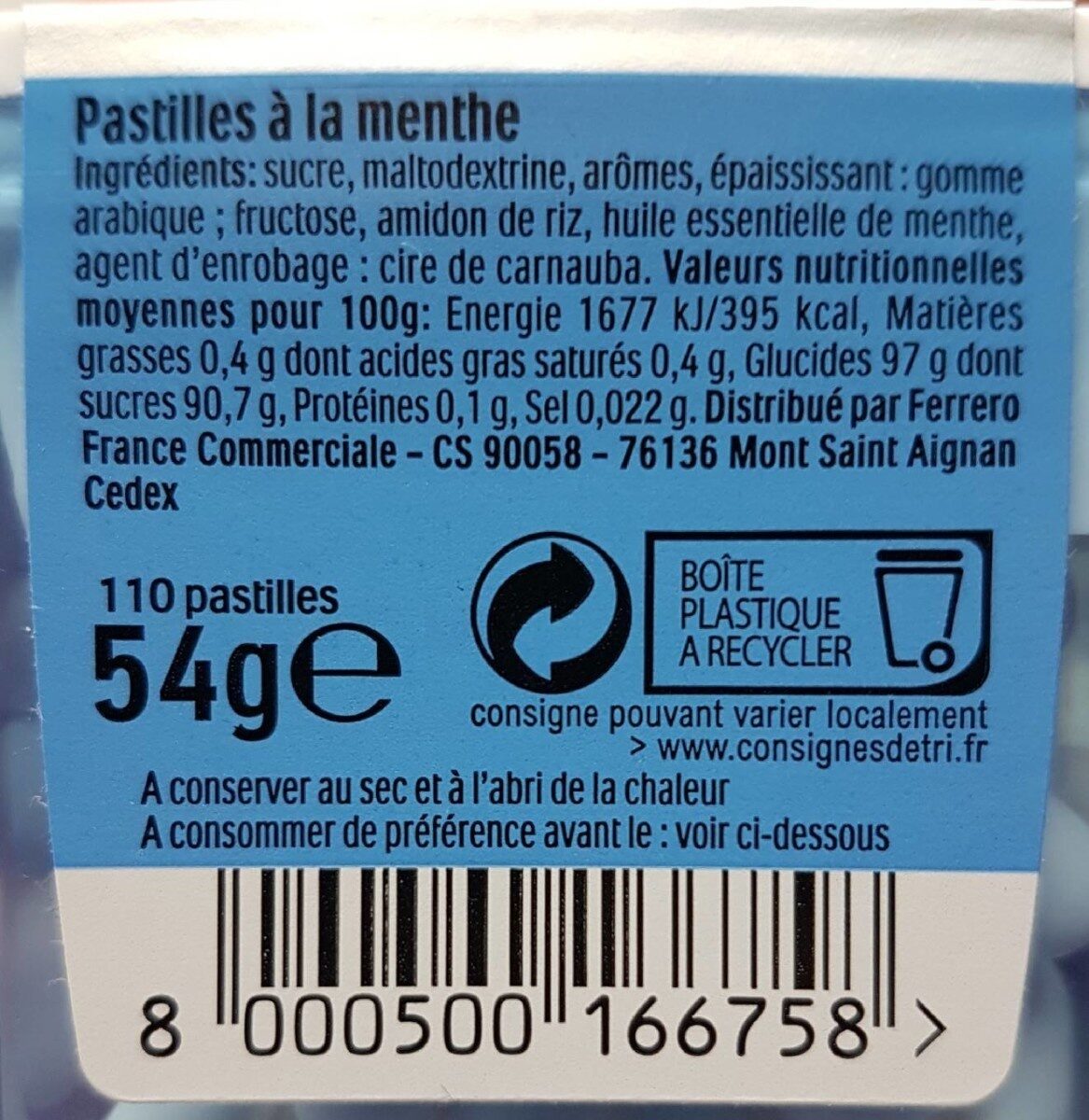 Bonbons Tic Tac x110 pastilles MENTHE EXTRA FRAÎCHE - 54g - Tableau nutritionnel