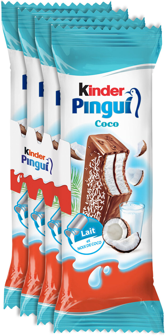 Kinder pingui coco gouter frais genoise fourree lait et noix de coco enrobee de chocolat superieur au lait avec decor au coco t4 pack de 4 - Product - fr