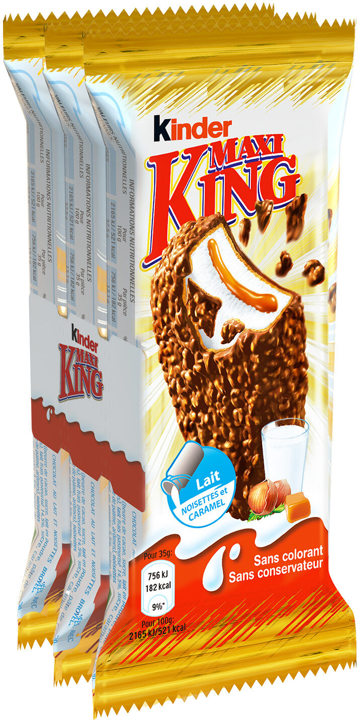 Kinder maxi king gouter frais fines gaufrettes enrobees de chocolat au lait et noisettes broyees, avec fourrage lait et caramel t3 pack de 3 etuis - Produit