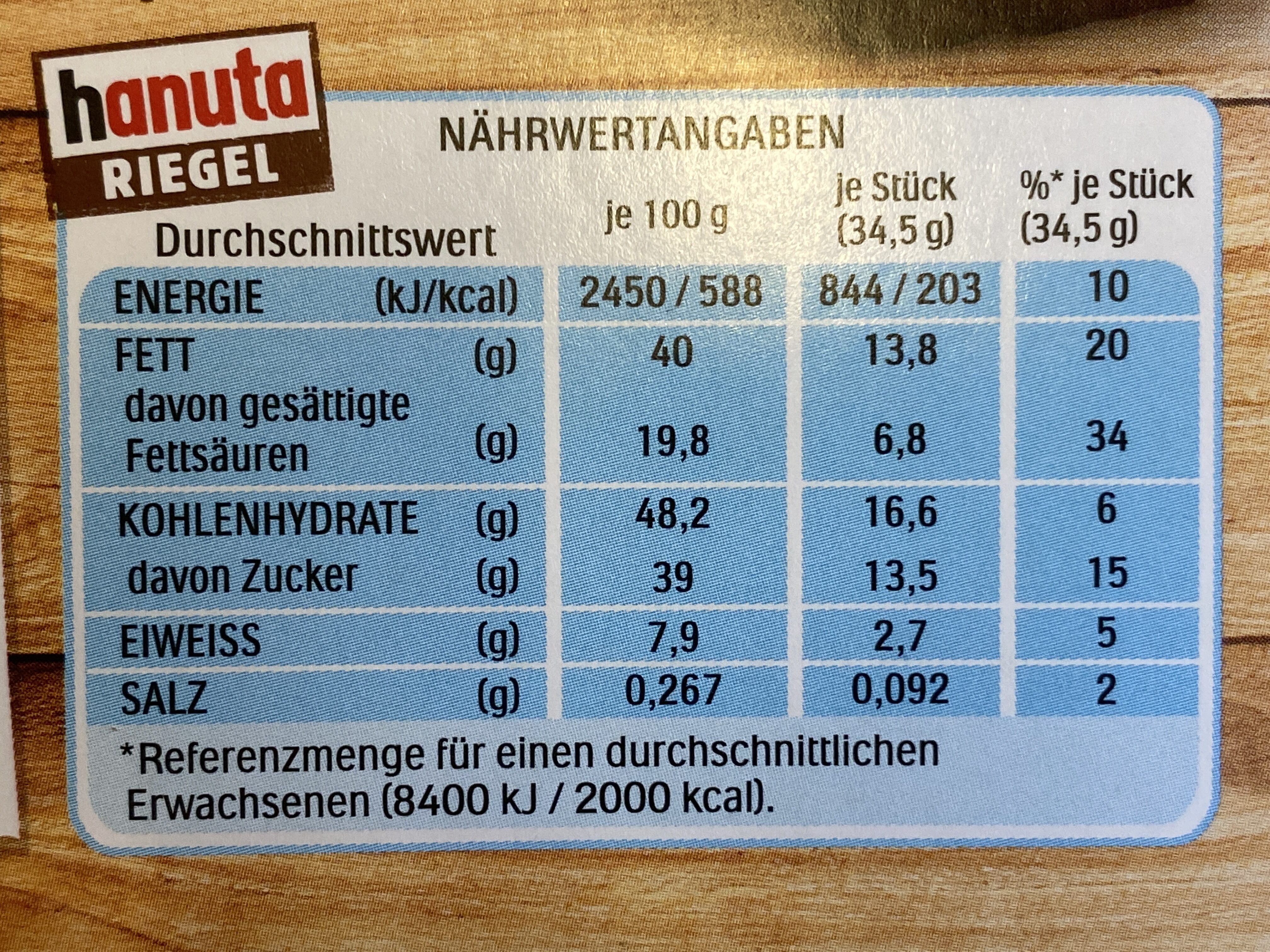 hanuta Riegel - Nutrition facts - de