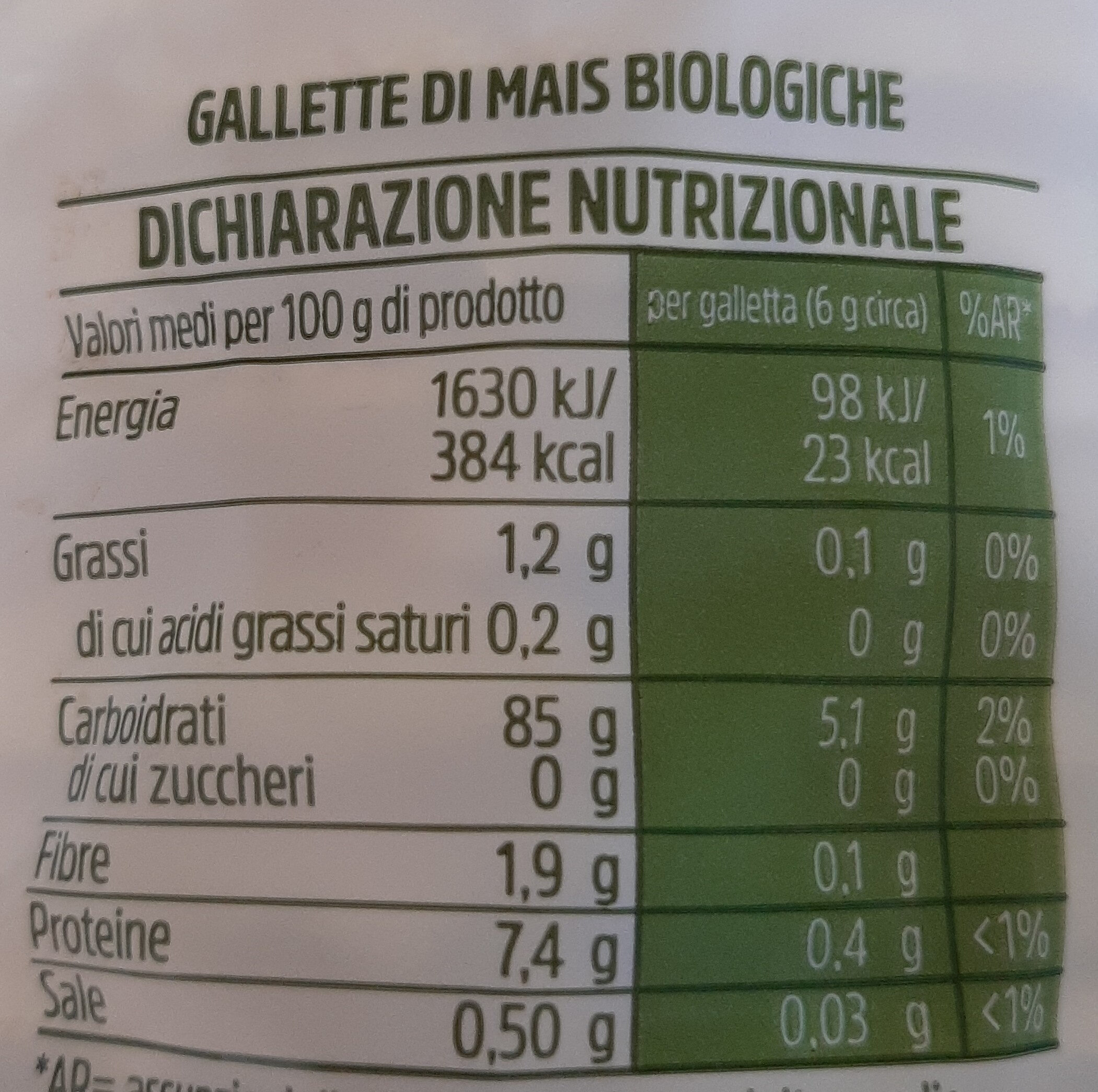 Gallette di mais - Valori nutrizionali