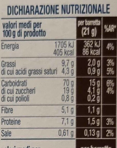 Barrette di cereals con cioccolato fondente - Valori nutrizionali