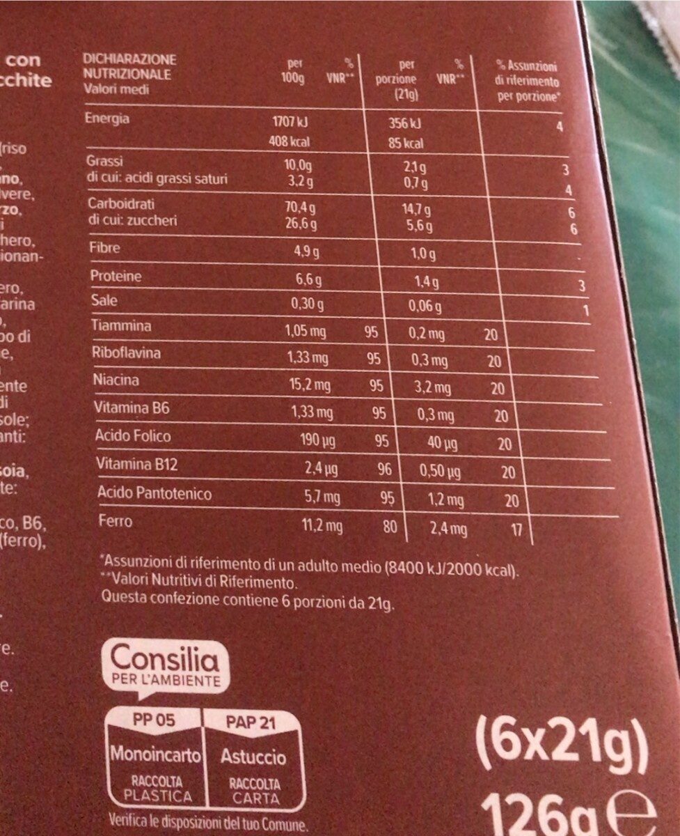 Cereal up barrette con cioccolato fondente - Valori nutrizionali