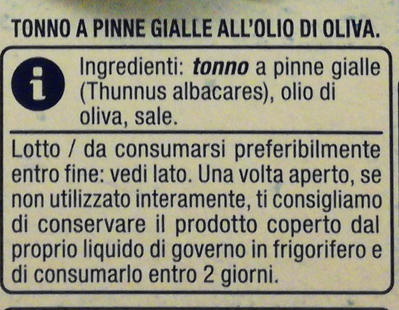 Tonno a Pinne Gialle all'Olio di Oliva - Ingredienti