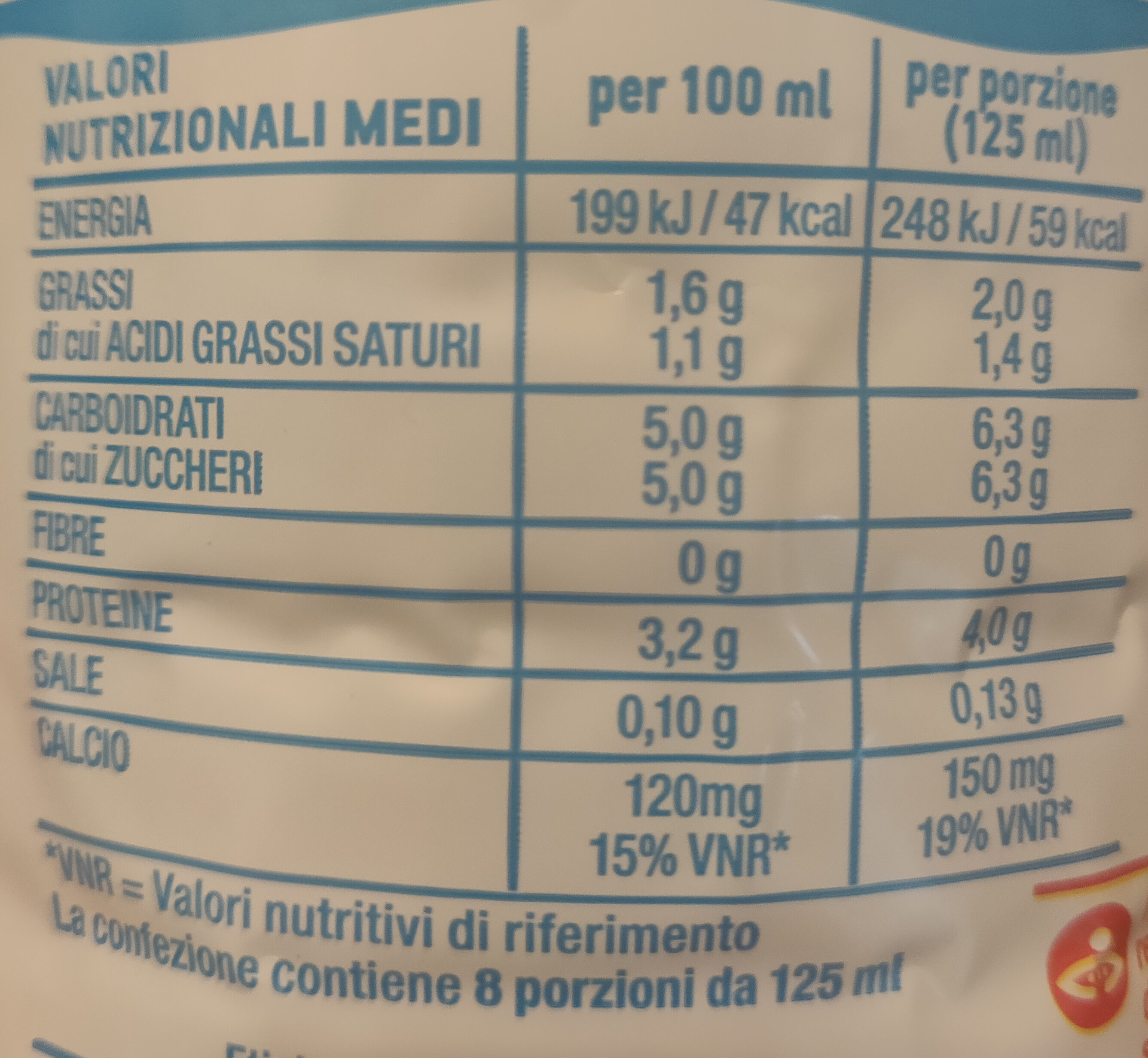 Latte fresco italiano parzialmente scremato - Valori nutrizionali