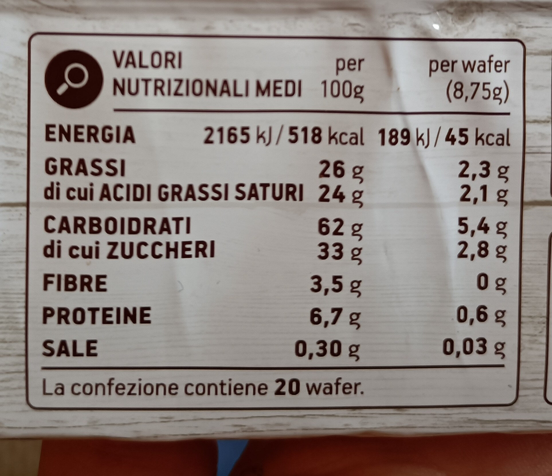 Wafer Cacao Coop - Valori nutrizionali