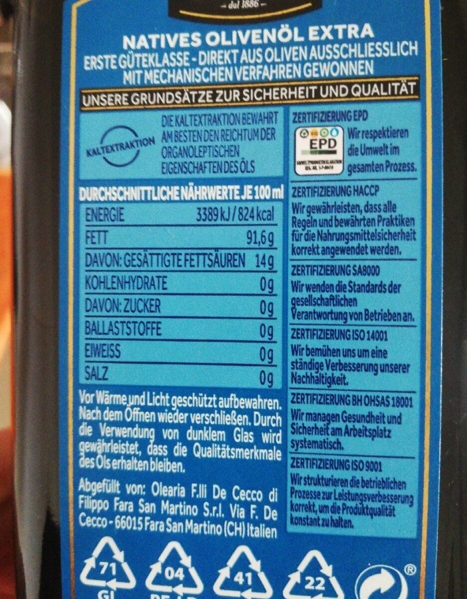 Nativrs Olivenöl Extra - Nutrition facts