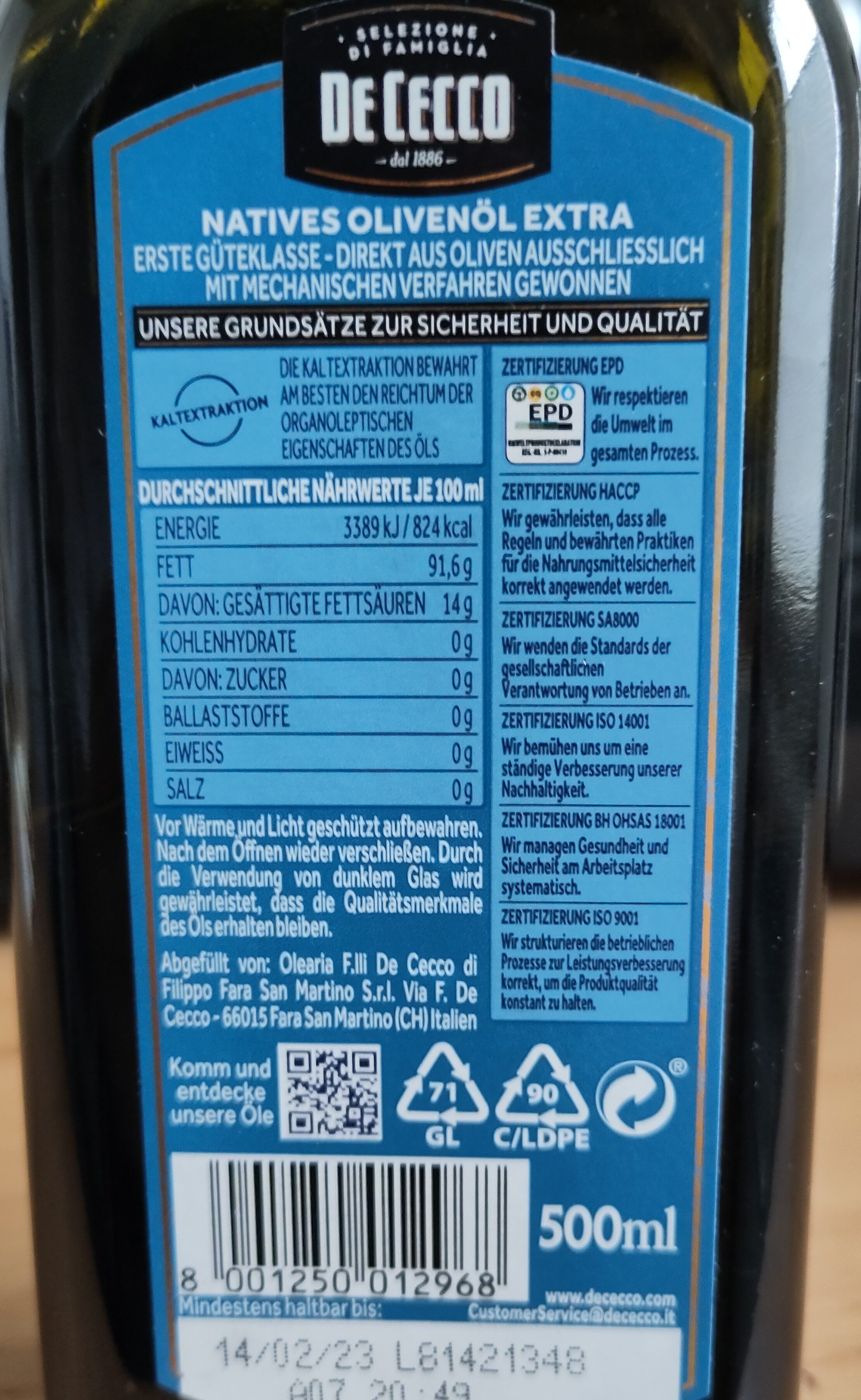 Natives Olivenöl Extra - Recyclinginstructies en / of verpakkingsinformatie - de
