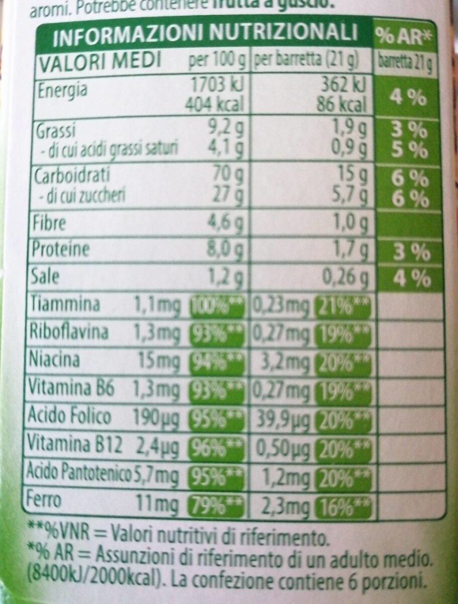 Barrette riso e frumento cioccolato - Valori nutrizionali