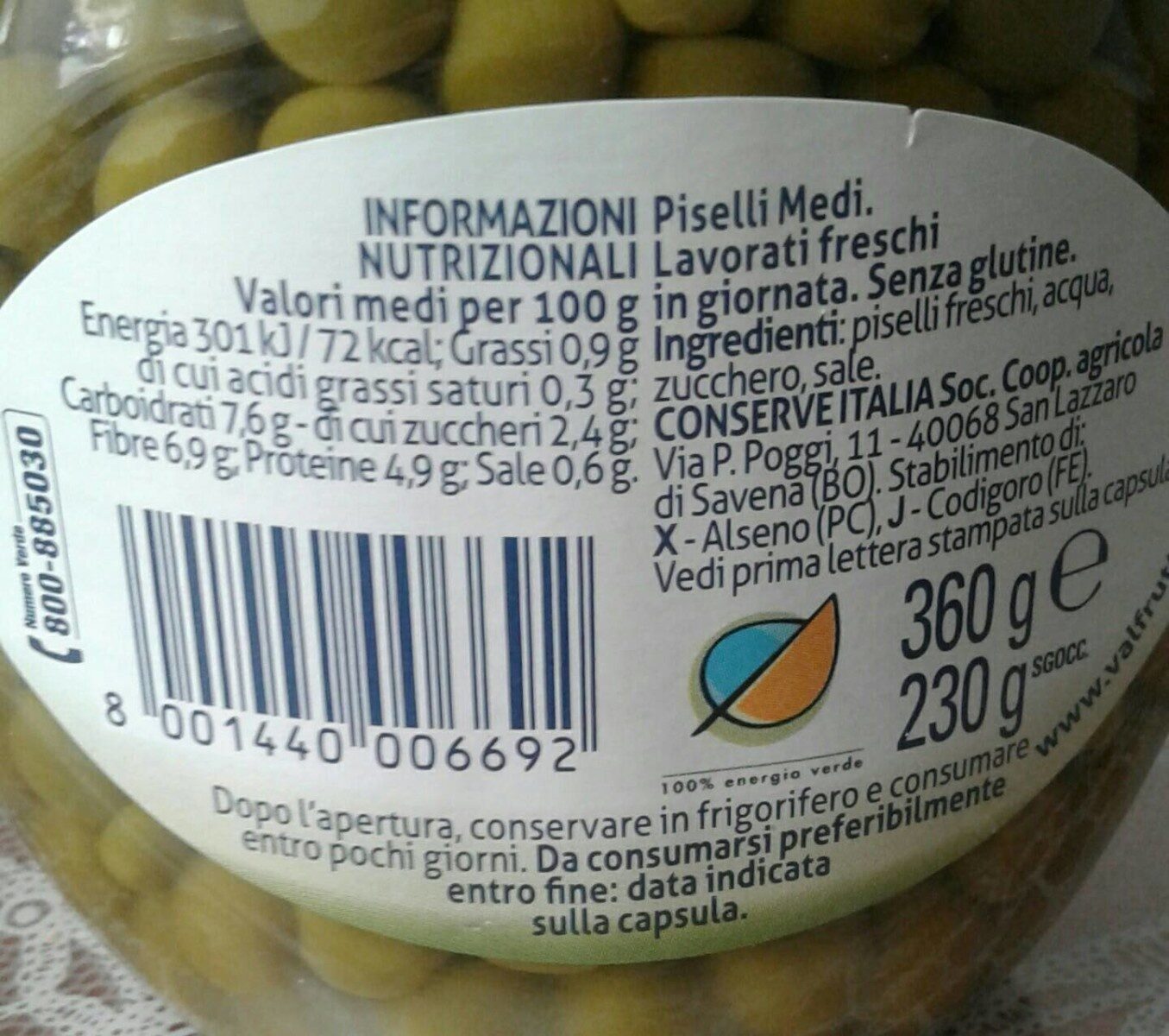 Piselli italiani medi - Valori nutrizionali