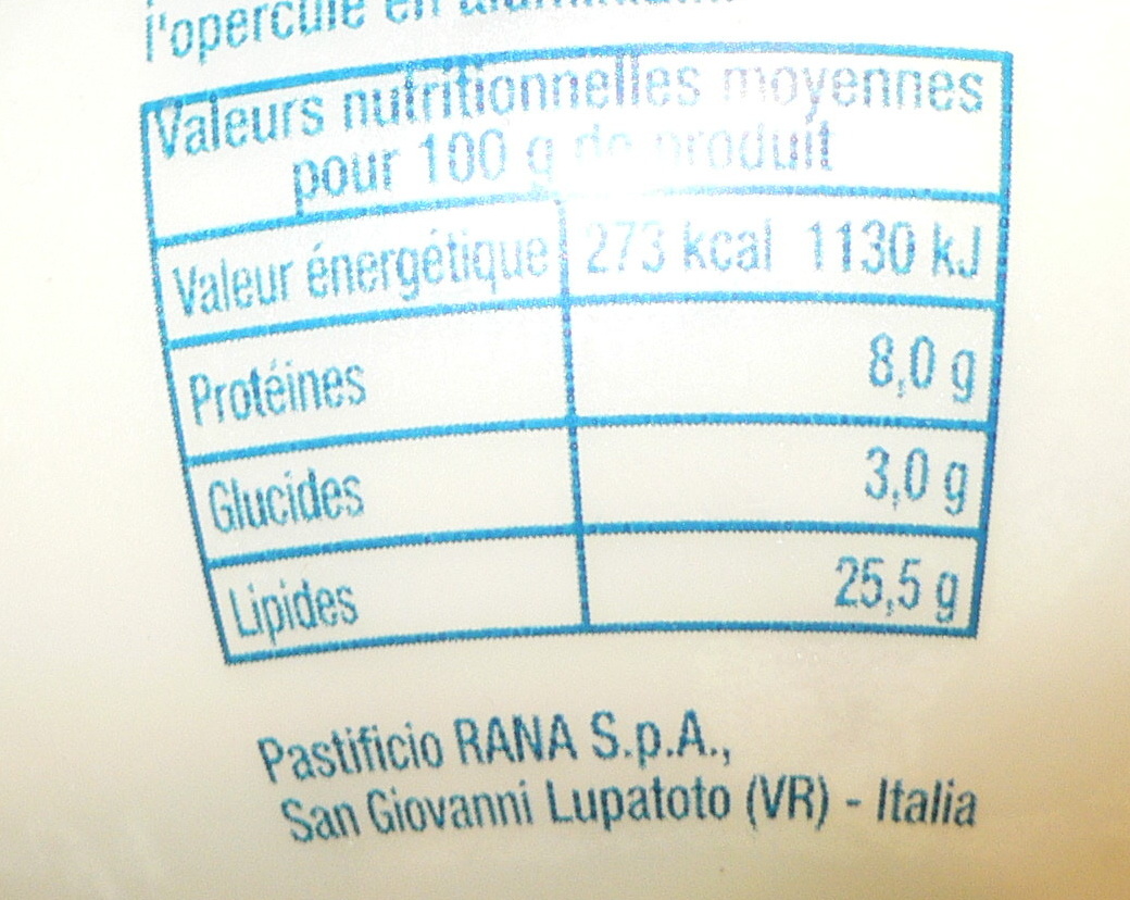 Sauce gorgonzola - Tableau nutritionnel