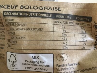 Tortellini Boeuf Bolognaise - Tableau nutritionnel