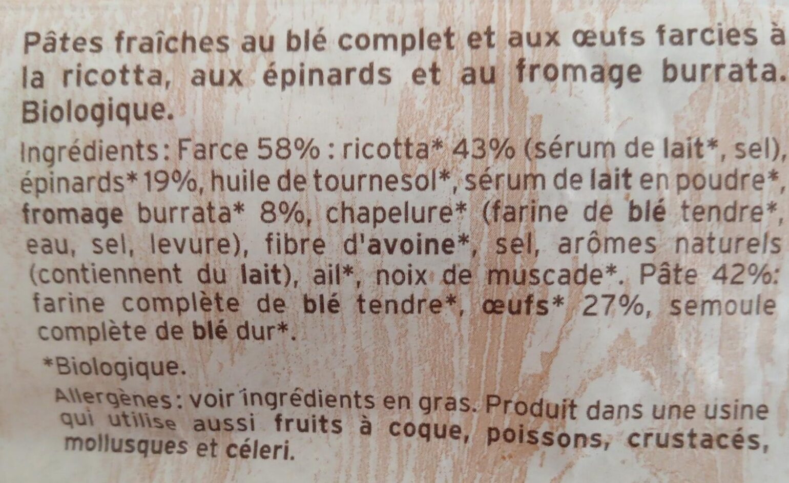 Ravioli bio au blé complet épinards ricotta burrata - Ingredients - fr
