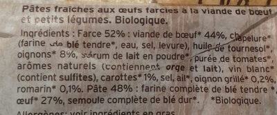 Ravioli Bio au Blé Complet Boeuf et Petits Légumes - Ingrediënten - fr