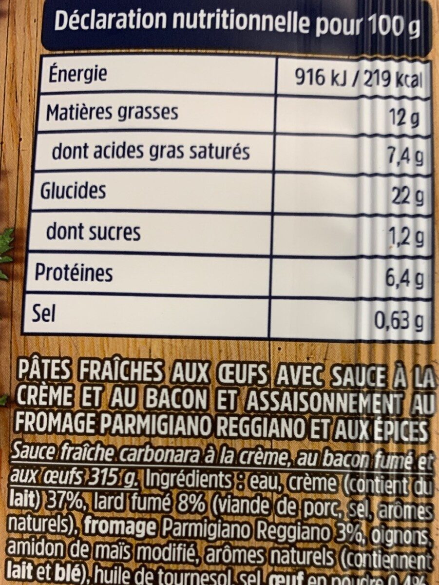 Tagliatelle Fraîches à la Carbonara - Nutrition facts - fr