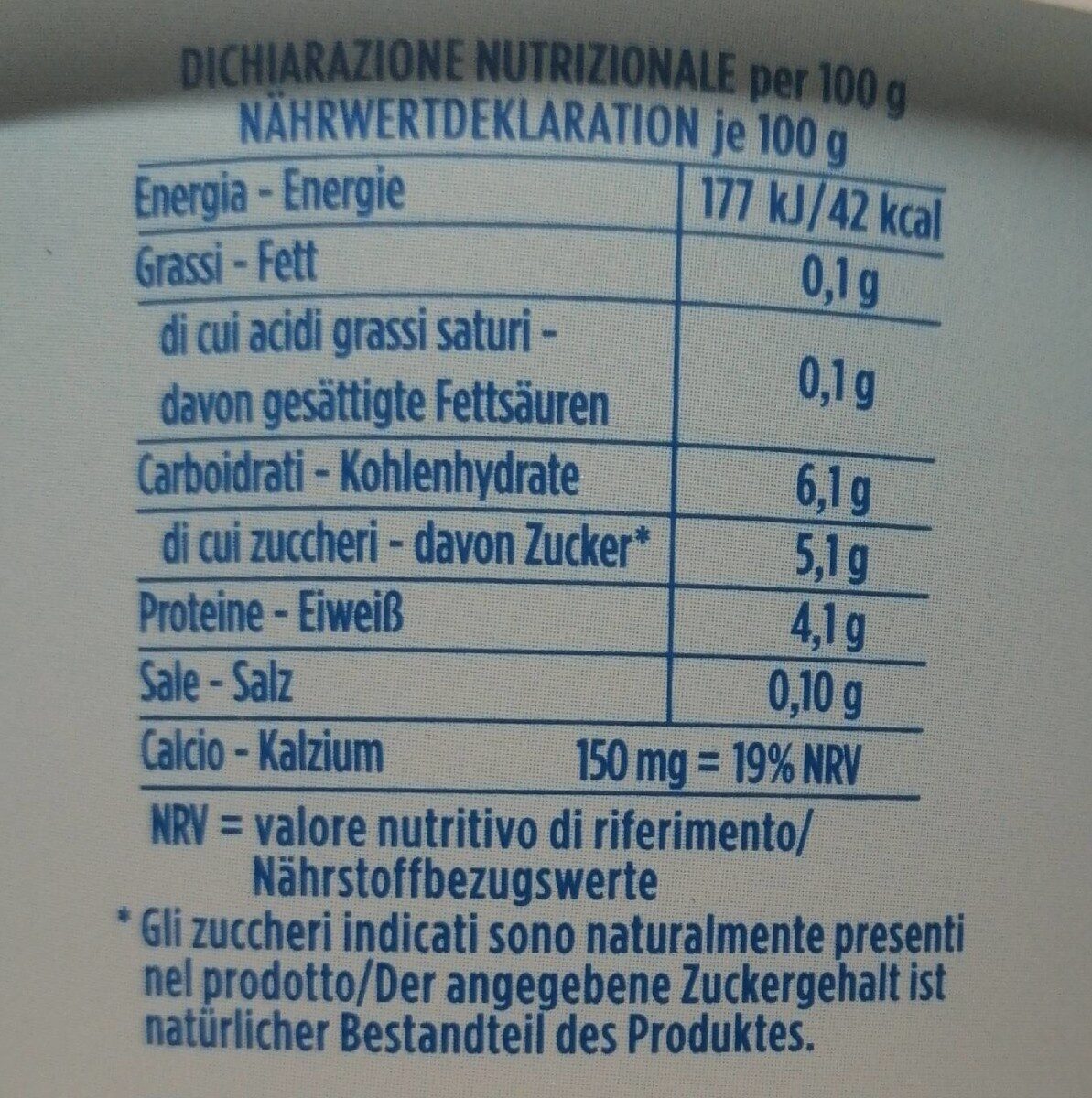 Yogurt Zero grassi - Tableau nutritionnel