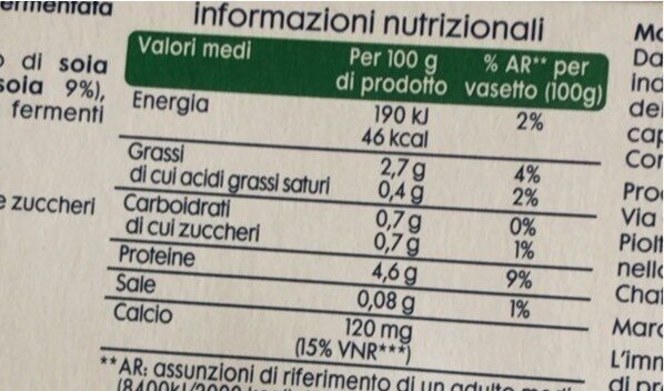 Yogurt di soia - Valori nutrizionali