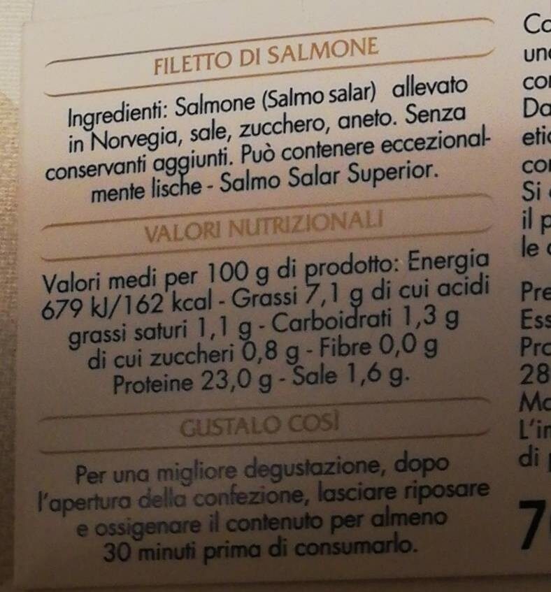 Filetto di salmone con aneto - Valori nutrizionali