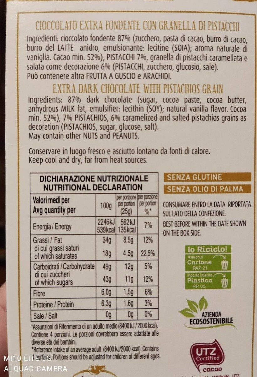 Cioccolato extra fondente con granella di pistacchio - Valori nutrizionali