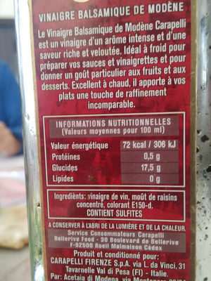 Vinaigre Balsamique de Modène - Tableau nutritionnel