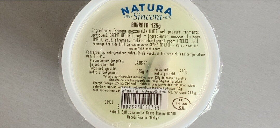 Natura sincera burrata - Voedingswaarden - fr