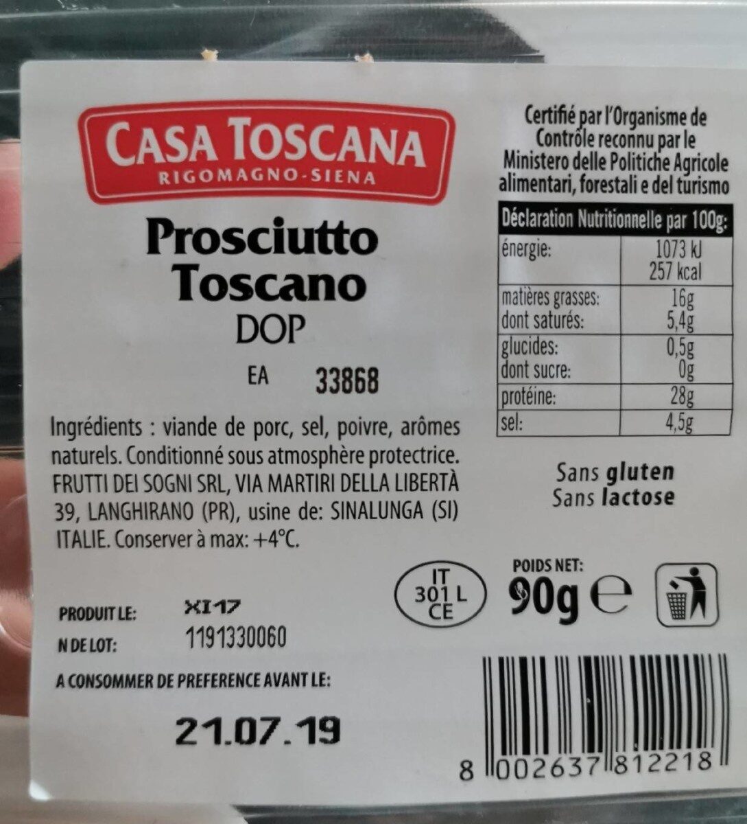 Prosciutto toscano DOP - Tableau nutritionnel