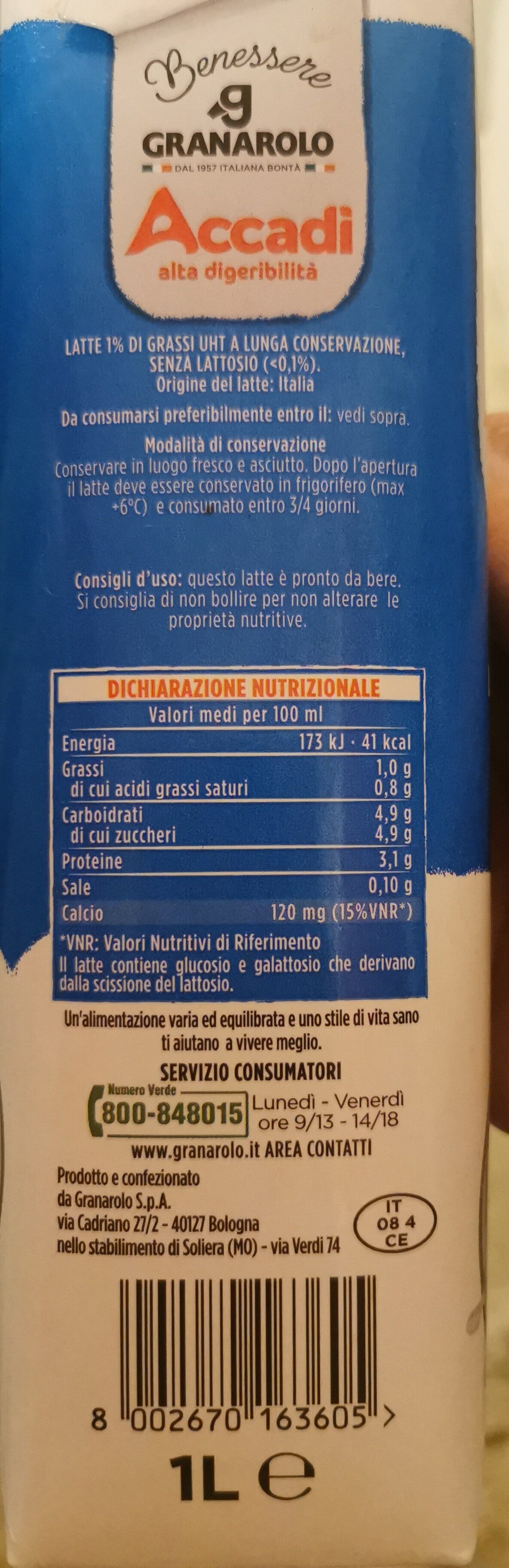 Latte, senza lattosio, 1% di grassi - Ingredientes - it