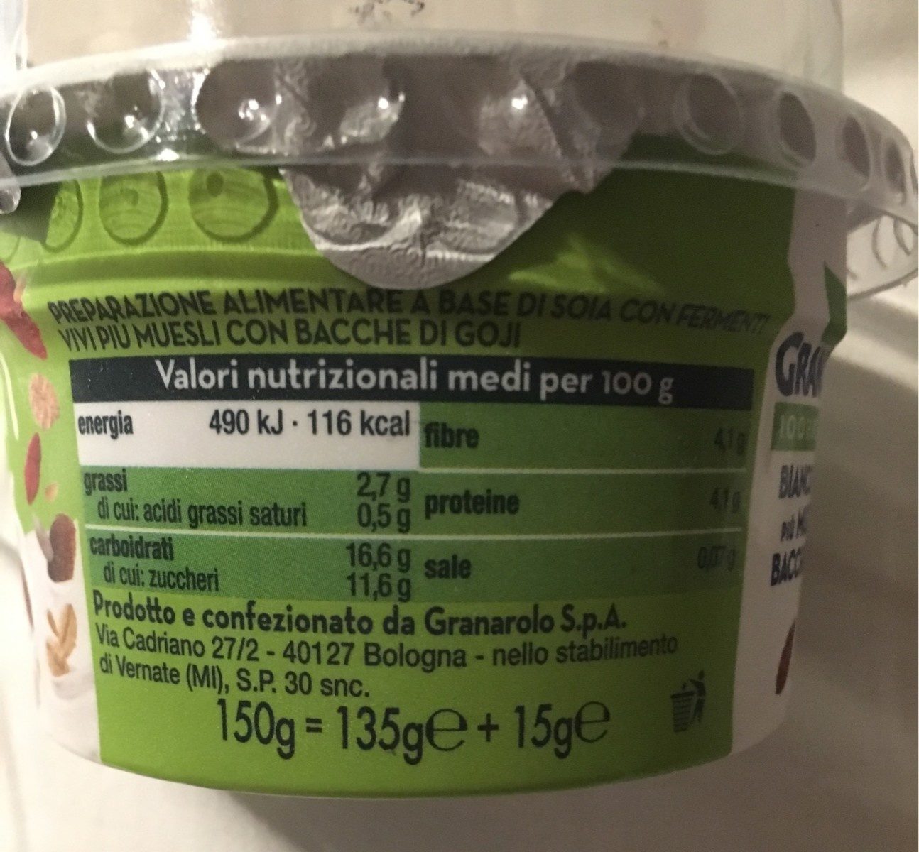 Granarolo 100% Dairy Free -plain Yogurt Alternative - Valori nutrizionali - fr
