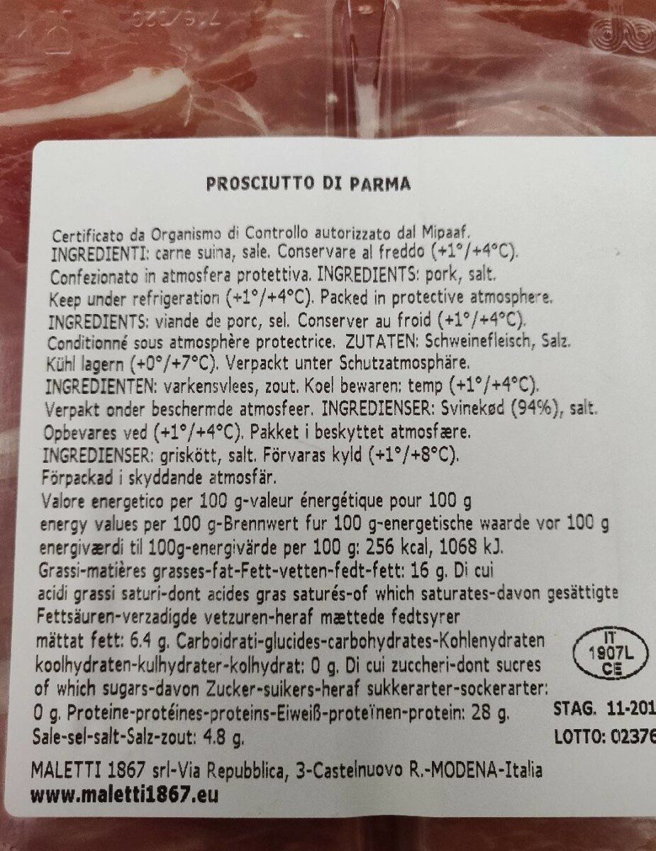 Prosciutto Di Parma - Tableau nutritionnel - en