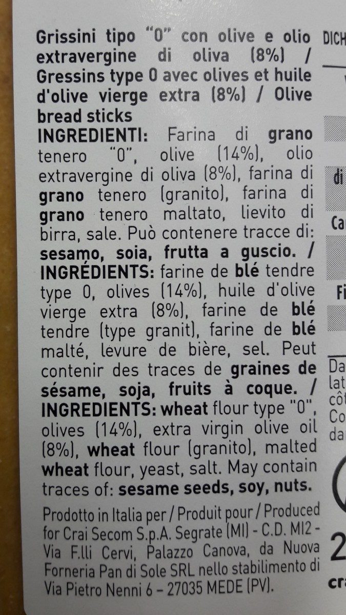 Grissini tipo 0 con olive - Ingredienti - fr