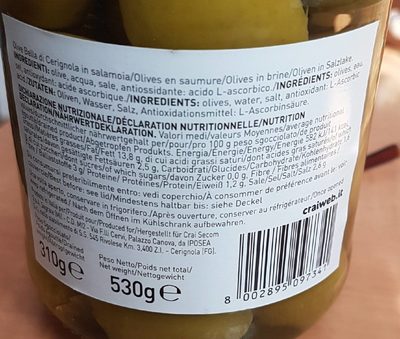 Olive Bella de Cerignola - Valori nutrizionali - fr