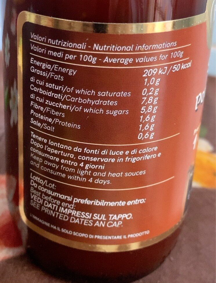 Salsa pronta di pomodoro piccadilly - Valori nutrizionali