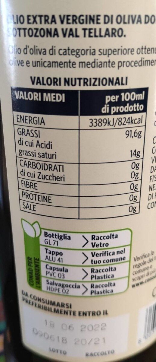 Olio extra vergine di oliva - Valori nutrizionali