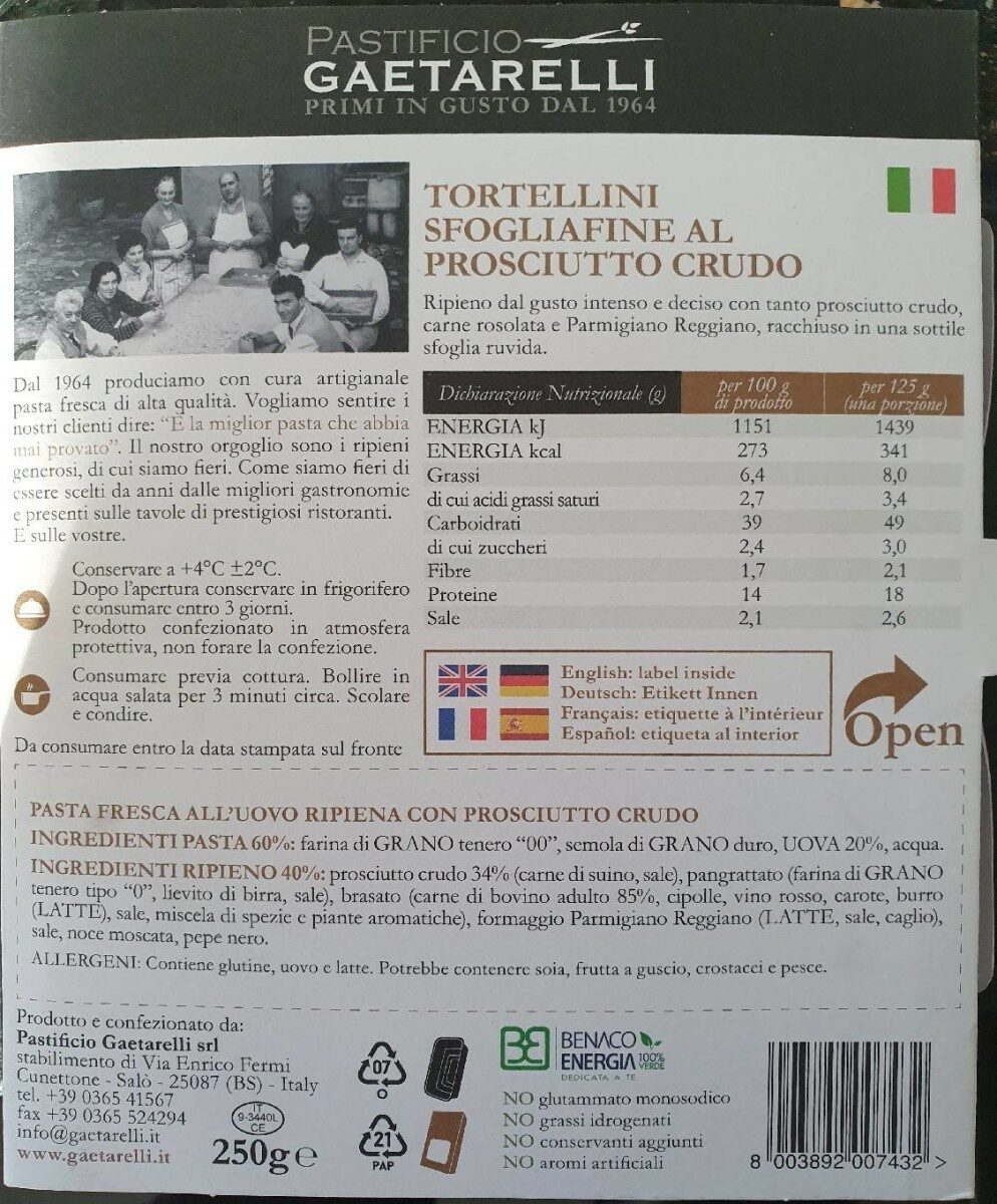 Tortellini Prosciutto crudo - Tableau nutritionnel