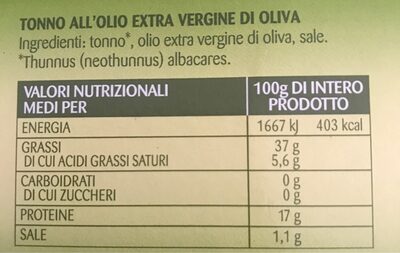 Tonno all'olio EXTRA VERGINE di oliva - Valori nutrizionali
