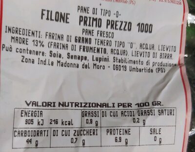 Pane di tipo 0, Filone Primo Prezzo 1000 - Nutrition facts - it