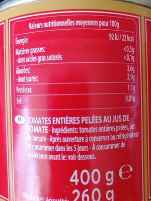 Tomate pelées - Tableau nutritionnel