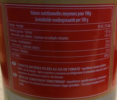 Tomates pelées - Tableau nutritionnel