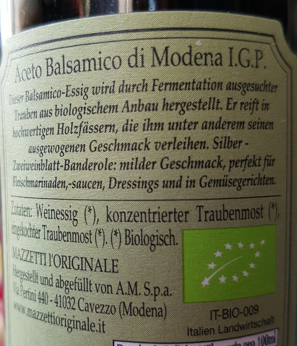 Essig Bio Aceto Balsamico Di Modena - Zutaten - fr