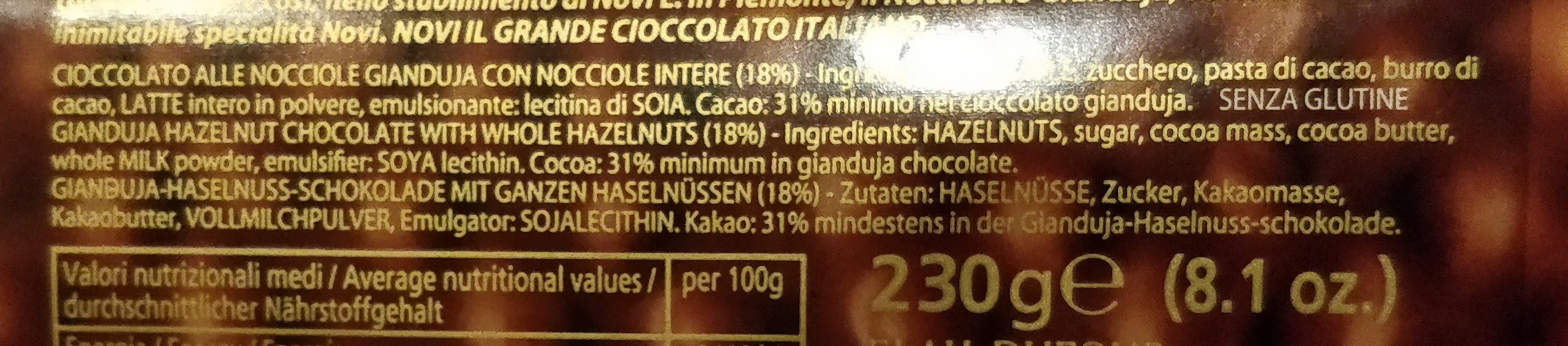 Novi Nocciolato - Cioccolato Gianduja Con Nocciole Intere 230 g - Ingredienti