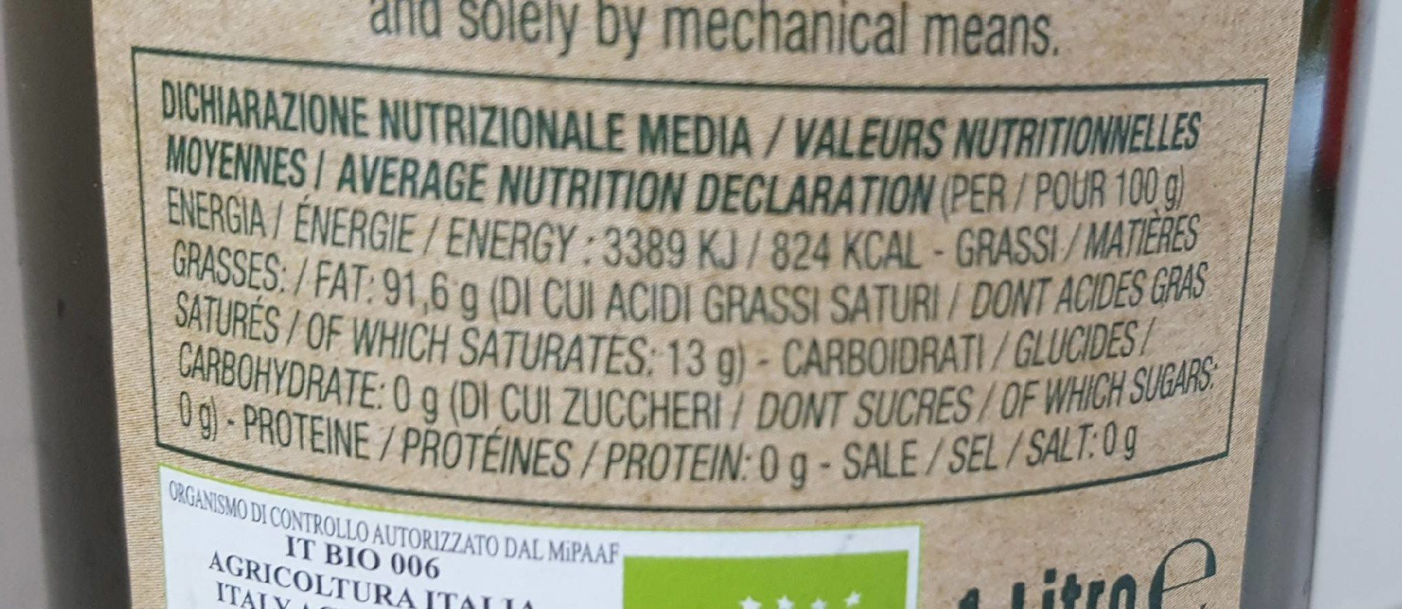 Olio extra vergine di oliva bio - Valori nutrizionali - fr