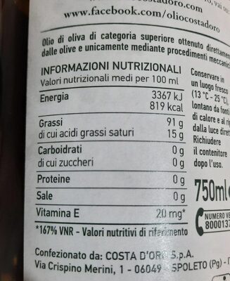 Olivizia olio extra vergine di oliva - Tableau nutritionnel