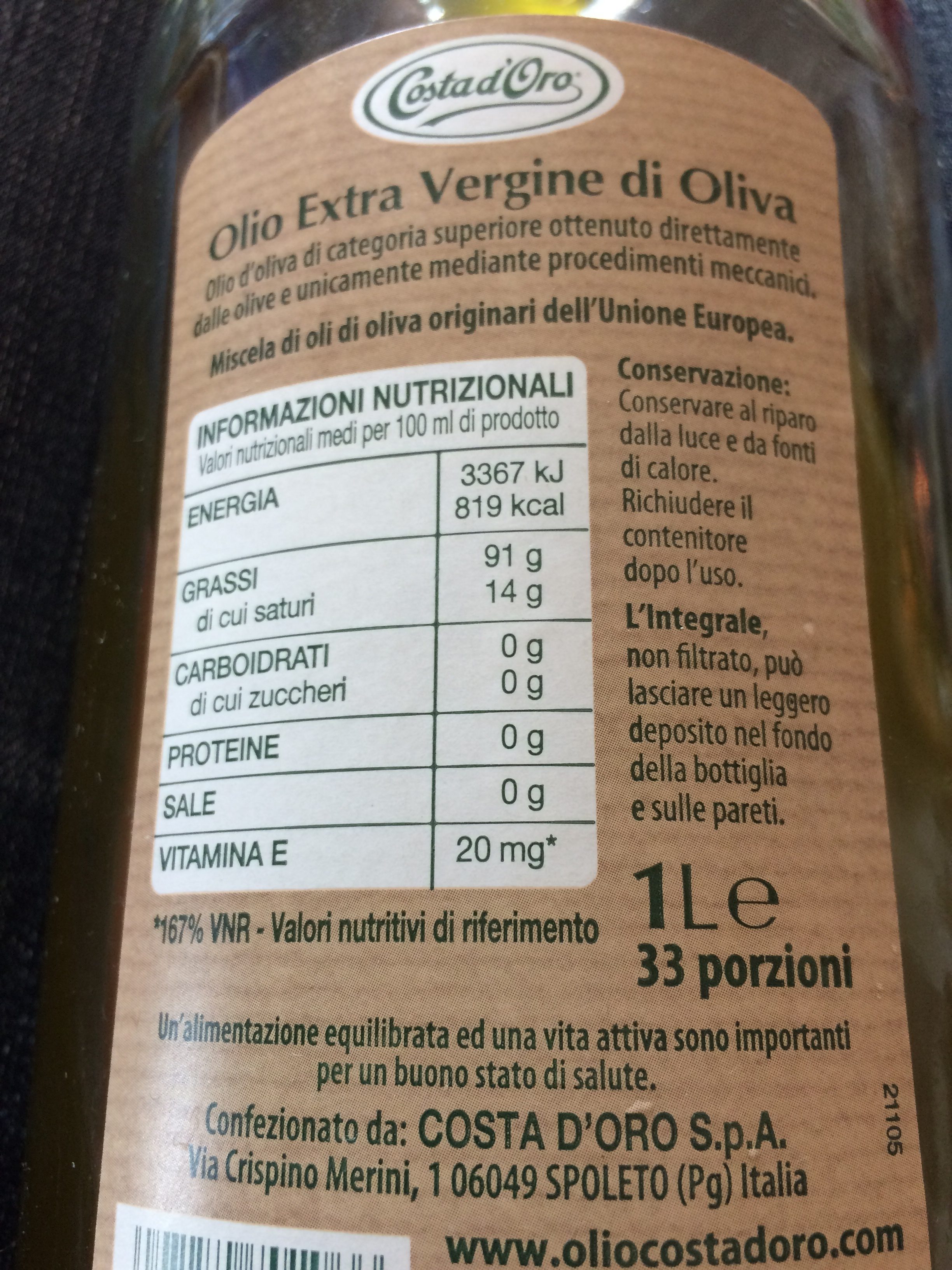 Lintegrale Non filtrato olio extra vergine di oliva - Ingrédients