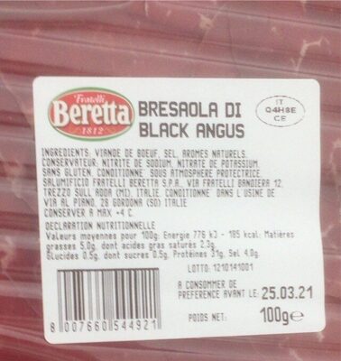 Bresaola di black angus - Nutrition facts