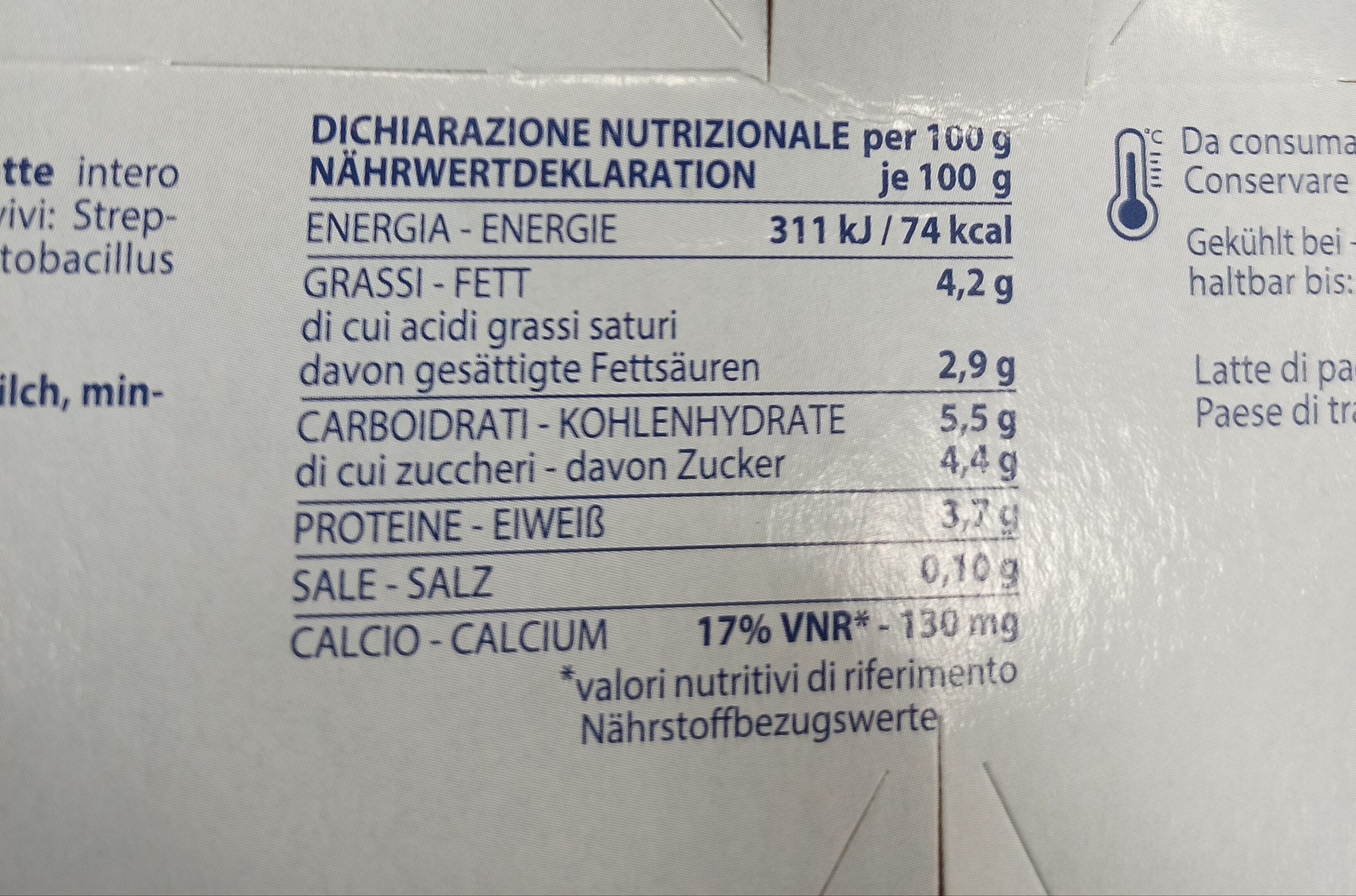 Yogurt intero - 125g x 8 - Bianco - Valori nutrizionali