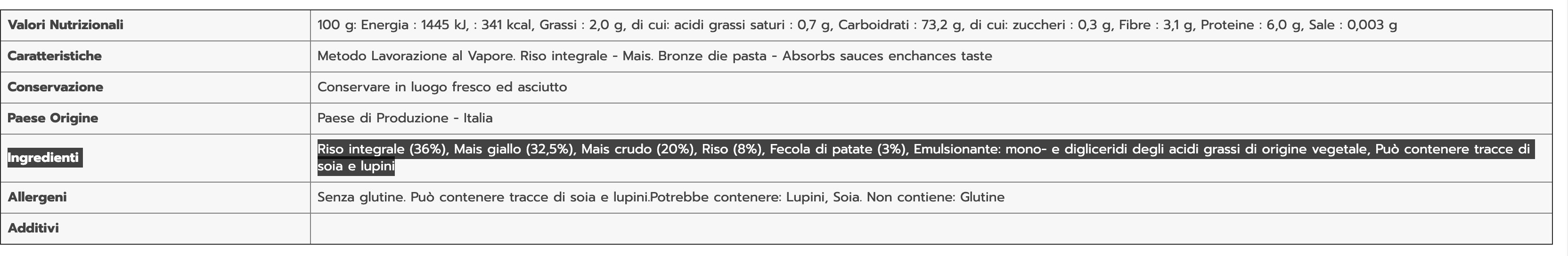 Spaghetti No. 3 senza glutine - Tableau nutritionnel
