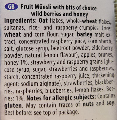 Fruit Müsli with Bits of Wild Berries and Honey - Ingredientes - en
